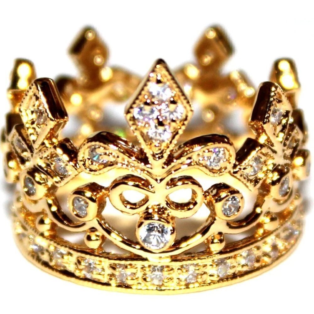 Brass Fleur de Lis Royalty Princess Yellow Gold Plated Crown of Life Ring Sz 8